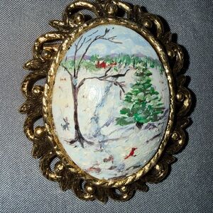 Vintage Hand-Painted Cameo Style Brooch /Pendant - Scenic Winter Landscape